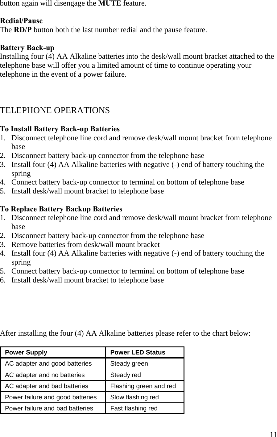  11button again will disengage the MUTE feature.  Redial/Pause  The RD/P button both the last number redial and the pause feature.  Battery Back-up Installing four (4) AA Alkaline batteries into the desk/wall mount bracket attached to the telephone base will offer you a limited amount of time to continue operating your telephone in the event of a power failure.      TELEPHONE OPERATIONS  To Install Battery Back-up Batteries 1.   Disconnect telephone line cord and remove desk/wall mount bracket from telephone        base 2.   Disconnect battery back-up connector from the telephone base 3.   Install four (4) AA Alkaline batteries with negative (-) end of battery touching the        spring 4.   Connect battery back-up connector to terminal on bottom of telephone base 5.   Install desk/wall mount bracket to telephone base  To Replace Battery Backup Batteries 1.   Disconnect telephone line cord and remove desk/wall mount bracket from telephone        base 2.   Disconnect battery back-up connector from the telephone base 3.   Remove batteries from desk/wall mount bracket 4.   Install four (4) AA Alkaline batteries with negative (-) end of battery touching the        spring 5.   Connect battery back-up connector to terminal on bottom of telephone base 6.   Install desk/wall mount bracket to telephone base      After installing the four (4) AA Alkaline batteries please refer to the chart below:    Power Supply   Power LED Status  AC adapter and good batteries   Steady green  AC adapter and no batteries   Steady red  AC adapter and bad batteries   Flashing green and red  Power failure and good batteries   Slow flashing red  Power failure and bad batteries   Fast flashing red  