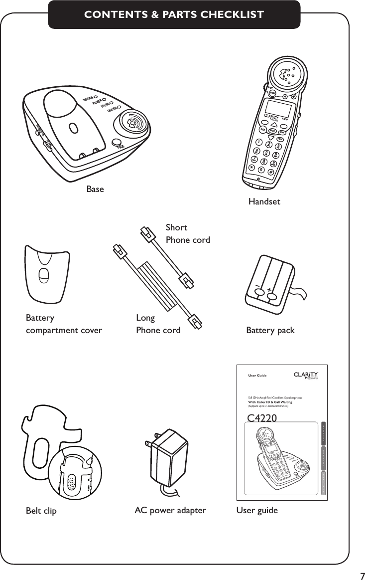 7CONTENTS &amp; PARTS CHECKLISTTONEINTERCOMBOOSTTALKMENUC4220CL/FLRD/PABCGHIPQRS WXYZJKLTUVDEFMNO1247890563*#PAGERINGER STYLEVOLUMERINGERPOWERIN USECHARGEBattery packBaseHandsetBelt clip AC power adapterBattery  compartment coverLong  Phone cordUser guideShort  Phone cord