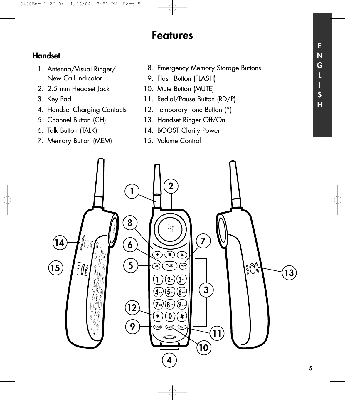 1234567891011121314155Handset 1. Antenna/Visual Ringer/New Call Indicator2. 2.5 mm Headset Jack3. Key Pad 4. Handset Charging Contacts5. Channel Button (CH)6. Talk Button (TALK)7. Memory Button (MEM)Features ENGLISH8. Emergency Memory Storage Buttons9. Flash Button (FLASH)10. Mute Button (MUTE)11. Redial/Pause Button (RD/P)12. Temporary Tone Button (*)13. Handset Ringer Off/On14. BOOST Clarity Power15. Volume ControlC430Eng_1.26.04  1/26/04  8:51 PM  Page 5