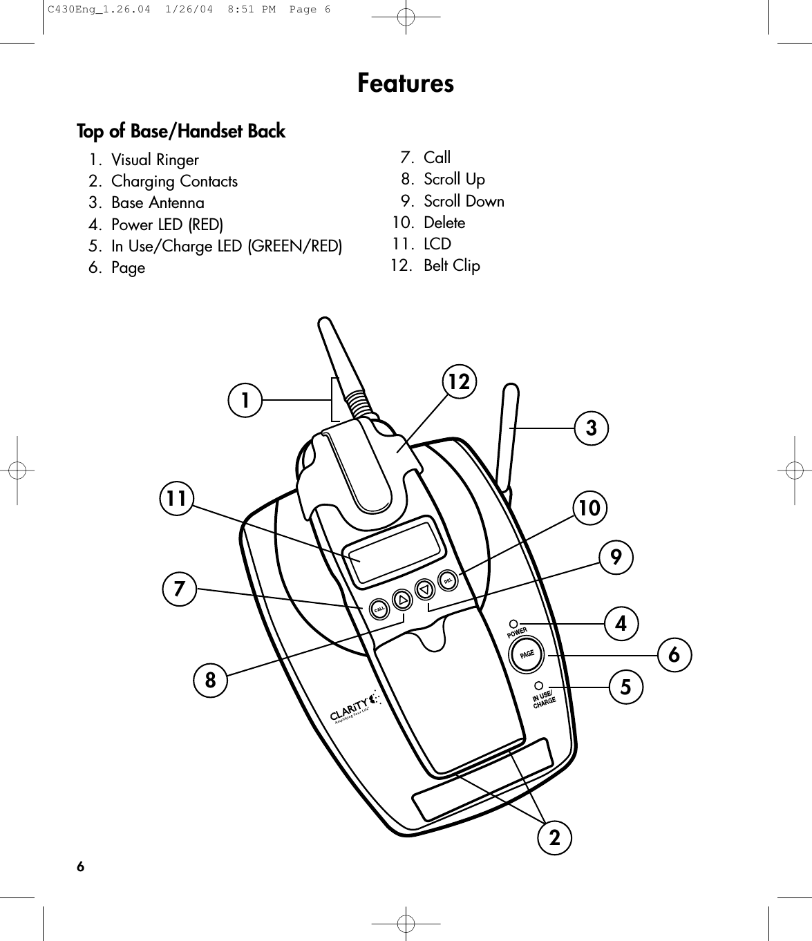 INUSE/142378569101112FeaturesTop of Base/Handset Back1. Visual Ringer2. Charging Contacts3. Base Antenna4.  Power LED (RED) 5.  In Use/Charge LED (GREEN/RED)6. Page67. Call8. Scroll Up9. Scroll Down10. Delete11. LCD12. Belt Clip C430Eng_1.26.04  1/26/04  8:51 PM  Page 6