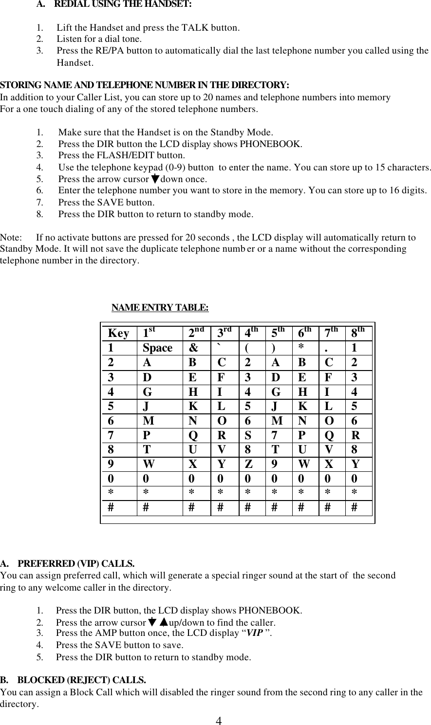  4A.    REDIAL USING THE HANDSET:    1. Lift the Handset and press the TALK button. 2. Listen for a dial tone. 3. Press the RE/PA button to automatically dial the last telephone number you called using the Handset.  STORING NAME AND TELEPHONE NUMBER IN THE DIRECTORY: In addition to your Caller List, you can store up to 20 names and telephone numbers into memory For a one touch dialing of any of the stored telephone numbers.  1. Make sure that the Handset is on the Standby Mode.  2. Press the DIR button the LCD display shows PHONEBOOK. 3. Press the FLASH/EDIT button. 4. Use the telephone keypad (0-9) button  to enter the name. You can store up to 15 characters. 5. Press the arrow cursor     down once. 6. Enter the telephone number you want to store in the memory. You can store up to 16 digits. 7. Press the SAVE button. 8. Press the DIR button to return to standby mode.  Note:      If no activate buttons are pressed for 20 seconds , the LCD display will automatically return to Standby Mode. It will not save the duplicate telephone numb er or a name without the corresponding telephone number in the directory.                 NAME ENTRY TABLE:                      A.    PREFERRED (VIP) CALLS. You can assign preferred call, which will generate a special ringer sound at the start of  the second   ring to any welcome caller in the directory.  1. Press the DIR button, the LCD display shows PHONEBOOK. 2. Press the arrow cursor          up/down to find the caller. 3. Press the AMP button once, the LCD display “VIP ”. 4. Press the SAVE button to save. 5. Press the DIR button to return to standby mode.  B.    BLOCKED (REJECT) CALLS. You can assign a Block Call which will disabled the ringer sound from the second ring to any caller in the directory. Key  1st  2nd  3rd  4th  5th  6th  7th  8th 1  Space &amp; ` ( )  *  .  1 2  A B C  2  A B C  2 3  D E F 3 D E F  3 4  G H I  4  G H I  4 5  J  K L  5  J  K L  5 6  M N O  6  M N O  6 7  P Q R S  7  P Q R 8  T U V  8  T U V  8 9  W  X Y Z  9  W  X Y 0  0  0  0  0  0  0  0  0 *  *  *  *  *  *  *  *  * #  #  #  #  #  #  #  #  #  