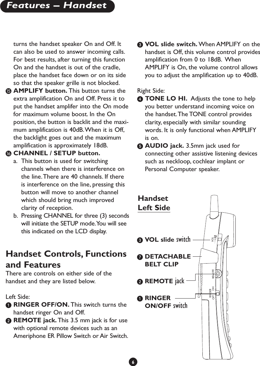 turns the handset speaker On and Off. Itcan also be used to answer incoming calls.For best results, after turning this functionOn and the handset is out of the cradle,place the handset face down or on its sideso that the speaker grille is not blocked.ƺAMPLIFY button. This button turns theextra amplification On and Off. Press it toput the handset amplifer into the On modefor maximum volume boost. In the Onposition, the button is backlit and the maxi-mum amplification is 40dB.When it is Off,the backlight goes out and the maximumamplification is approximately 18dB.ƻCHANNEL / SETUP button.a. This button is used for switchingchannels when there is interference onthe line.There are 40 channels. If thereis interference on the line, pressing thisbutton will move to another channelwhich should bring much improvedclarity of reception.b. Pressing CHANNEL for three (3) secondswill initiate the SETUP mode.You will seethis indicated on the LCD display.Handset Controls, Functionsand FeaturesThere are controls on either side of thehandset and they are listed below.Left Side:ᕡRINGER OFF/ON. This switch turns thehandset ringer On and Off.ᕢREMOTE jack. This 3.5 mm jack is for usewith optional remote devices such as anAmeriphone ER Pillow Switch or Air Switch.ᕣVOL slide switch. When AMPLIFY on thehandset is Off, this volume control providesamplification from 0 to 18dB. WhenAMPLIFY is On, the volume control allowsyou to adjust the amplification up to 40dB.Right Side:ᕤTONE LO HI. Adjusts the tone to helpyou better understand incoming voice onthe handset.The TONE control providesclarity, especially with similar soundingwords. It is only functional when AMPLIFYis on.ᕥAUDIO jack. 3.5mm jack used forconnecting other assistive listening devicessuch as neckloop, cochlear implant orPersonal Computer speaker.6Features – HandsetᕣVOL slide switchᕧDETACHABLEBELT CLIPᕢREMOTE jackᕡRINGERON/OFF switchHandsetLeft Side