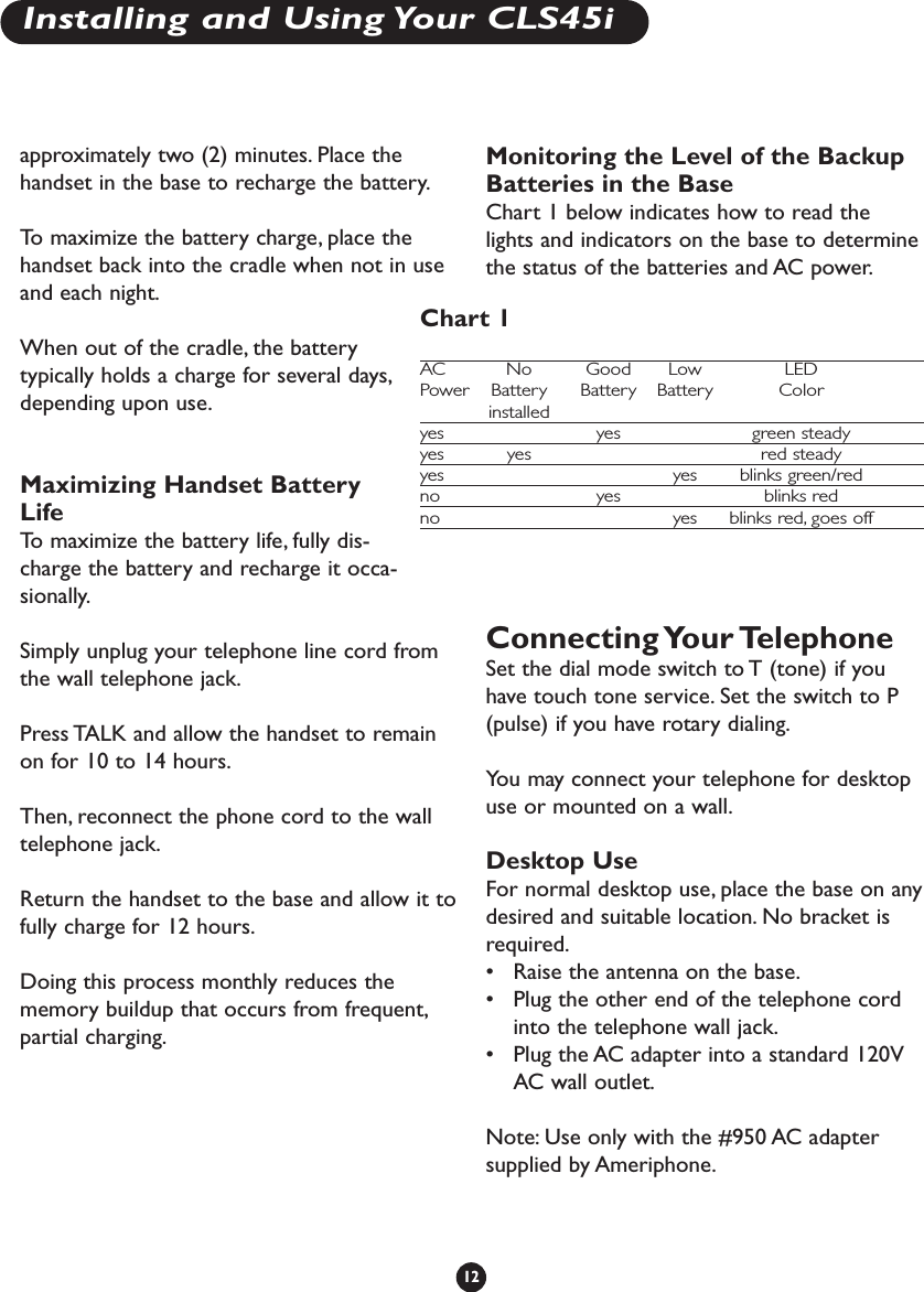 approximately two (2) minutes. Place thehandset in the base to recharge the battery.To   maximize the battery charge, place thehandset back into the cradle when not in useand each night.When out of the cradle, the batterytypically holds a charge for several days,depending upon use.Maximizing Handset BatteryLifeTo   maximize the battery life, fully dis-charge the battery and recharge it occa-sionally.Simply unplug your telephone line cord fromthe wall telephone jack.Press TALK and allow the handset to remainon for 10 to 14 hours.Then, reconnect the phone cord to the walltelephone jack.Return the handset to the base and allow it tofully charge for 12 hours.Doing this process monthly reduces thememory buildup that occurs from frequent,partial charging.Monitoring the Level of the BackupBatteries in the BaseChart 1 below indicates how to read thelights and indicators on the base to determinethe status of the batteries and AC power.Connecting Your TelephoneSet the dial mode switch to T (tone) if youhave touch tone service. Set the switch to P(pulse) if you have rotary dialing.You may connect your telephone for desktopuse or mounted on a wall.Desktop UseFor normal desktop use, place the base on anydesired and suitable location. No bracket isrequired.•Raise the antenna on the base.•Plug the other end of the telephone cordinto the telephone wall jack.•Plug the AC adapter into a standard 120VAC wall outlet.Note: Use only with the #950 AC adaptersupplied by Ameriphone.12Chart 1AC No Good Low LEDPower Battery Battery Battery Colorinstalledyesyes green steadyyesyes red steadyyesyes blinks green/redno yes blinks redno yes blinks red, goes offInstalling and Using Your CLS45i