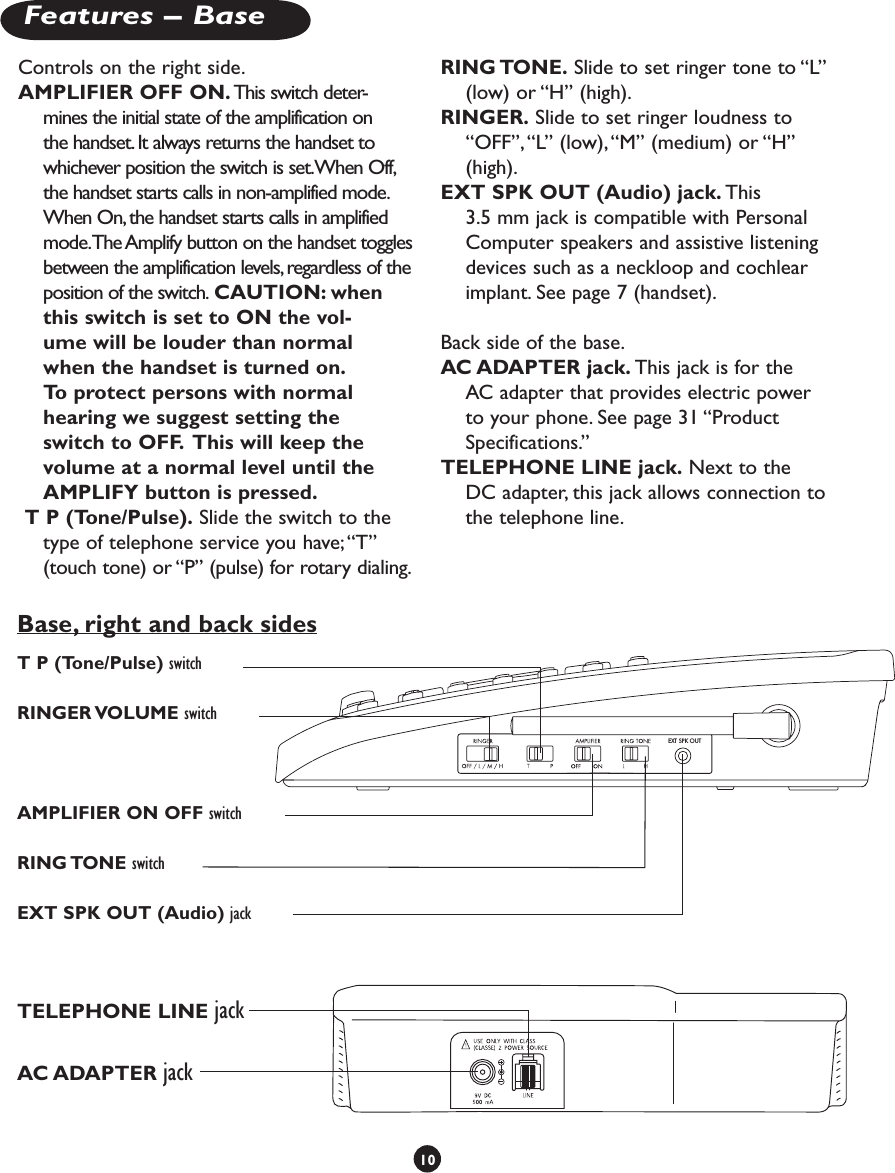 Controls on the right side.AMPLIFIER OFF ON. This switch deter-mines the initial state of the amplification on the handset. It always returns the handset to whichever position the switch is set. When Off, the handset starts calls in non-amplified mode. When On, the handset starts calls in amplified mode. The Amplify button on the handset toggles between the amplification levels, regardless of the position of the switch. CAUTION: when this switch is set to ON the vol-ume will be louder than normal when the handset is turned on.  To protect persons with normal hearing we suggest setting the switch to OFF.  This will keep the volume at a normal level until the AMPLIFY button is pressed.  T P (Tone/Pulse). Slide the switch to the type of telephone service you have; “T” (touch tone) or “P” (pulse) for rotary dialing.RING TONE. Slide to set ringer tone to “L” (low) or “H” (high).RINGER. Slide to set ringer loudness to “OFF”, “L” (low), “M” (medium) or “H” (high).  EXT SPK OUT (Audio) jack. This 3.5 mm jack is compatible with Personal Computer speakers and assistive listening devices such as a neckloop and cochlear implant. See page 7 (handset).Back side of the base.AC ADAPTER jack. This jack is for the AC adapter that provides electric power to your phone. See page 31 “Product Specifications.”TELEPHONE LINE jack. Next to the DC adapter, this jack allows connection to the telephone line.10Features – BaseEXT SPK OUTT P (Tone/Pulse) switchRINGER VOLUME switch AMPLIFIER ON OFF switchRING TONE switch EXT SPK OUT (Audio) jackTELEPHONE LINE jackAC ADAPTER jackBase, right and back sides