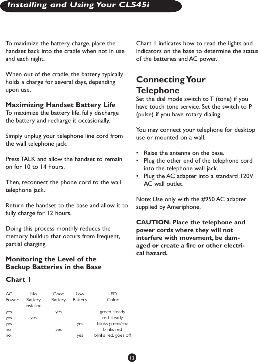 To maximize the battery charge, place the handset back into the cradle when not in use and each night. When out of the cradle, the battery typically holds a charge for several days, depending upon use.Maximizing Handset Battery LifeTo maximize the battery life, fully discharge the battery and recharge it occasionally.Simply unplug your telephone line cord from the wall telephone jack. Press TALK and allow the handset to remain on for 10 to 14 hours. Then, reconnect the phone cord to the wall telephone jack. Return the handset to the base and allow it to fully charge for 12 hours. Doing this process monthly reduces the memory buildup that occurs from frequent, partial charging.Monitoring the Level of the Backup Batteries in the BaseChart 1 indicates how to read the lights and indicators on the base to determine the status of the batteries and AC power.Connecting Your TelephoneSet the dial mode switch to T (tone) if you have touch tone service. Set the switch to P (pulse) if you have rotary dialing.You may connect your telephone for desktop use or mounted on a wall.•  Raise the antenna on the base. •  Plug the other end of the telephone cord into the telephone wall jack.•  Plug the AC adapter into a standard 120V AC wall outlet.Note: Use only with the #950 AC adapter supplied by Ameriphone.CAUTION: Place the telephone and power cords where they will not interfere with movement, be dam-aged or create a fire or other electri-cal hazard.12Chart 1 AC  No  Good  Low  LED Power  Battery  Battery  Battery  Color     installedyes    yes    green steadyyes  yes      red steadyyes      yes  blinks green/redno    yes    blinks redno      yes  blinks red, goes offInstalling and Using Your CLS45i