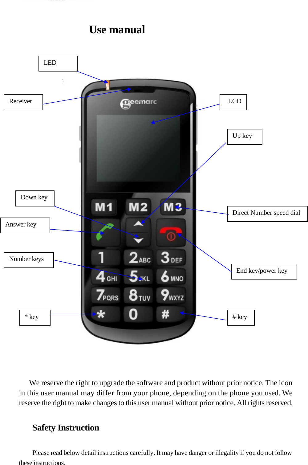  Use manual                                                                                      We reserve the right to upgrade the software and product without prior notice. The icon in this user manual may differ from your phone, depending on the phone you used. We reserve the right to make changes to this user manual without prior notice. All rights reserved.   Safety Instruction   Please read below detail instructions carefully. It may have danger or illegality if you do not follow these instructions.  Receiver  LCD Up key Direct Number speed dial End key/power key # key Answer key Down key Number keys * key LED  