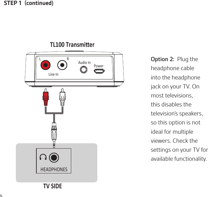 4Option 2:  Plug the headphone cable into the headphone jack on your TV. On most televisions, this disables the television’s speakers, so this option is not ideal for multiple viewers. Check the settings on your TV for available functionality.HEADPHONESTV SIDETL100 TransmierLine InAudio InPowerLRSTEP 1  continued)