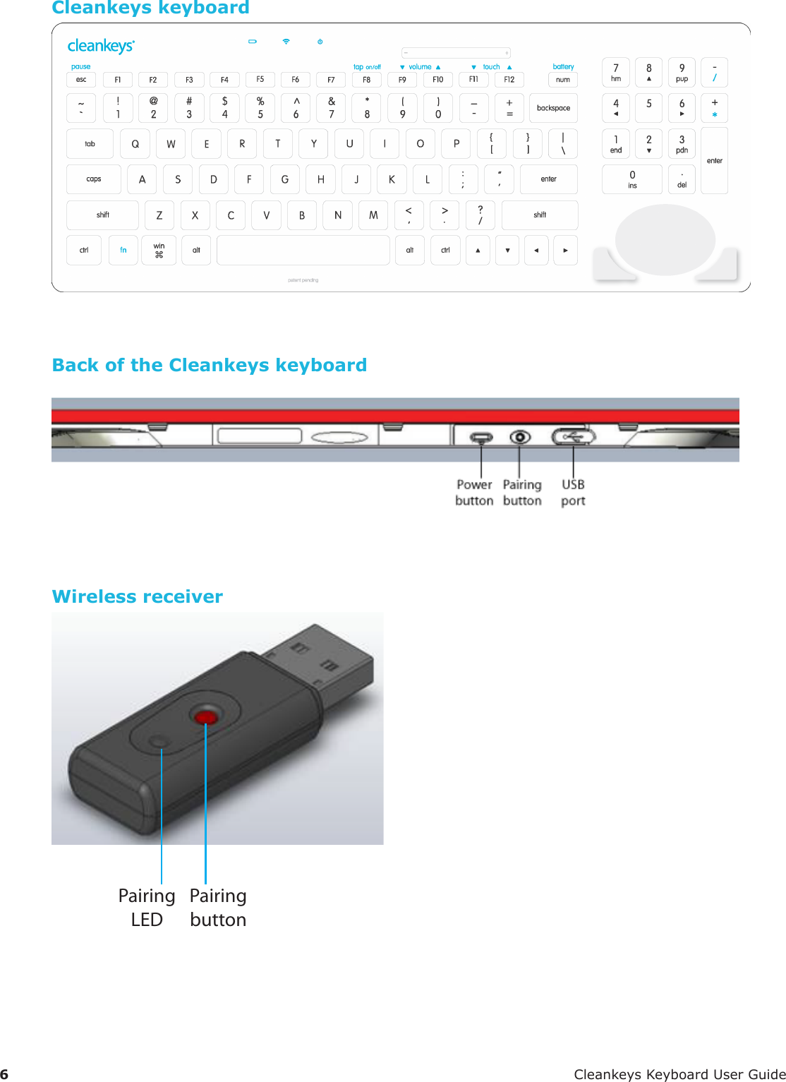 6 CleankeysKeyboardUserGuideCleankeys keyboardBack of the Cleankeys keyboardWireless receiverPairingbuttonPairingLED