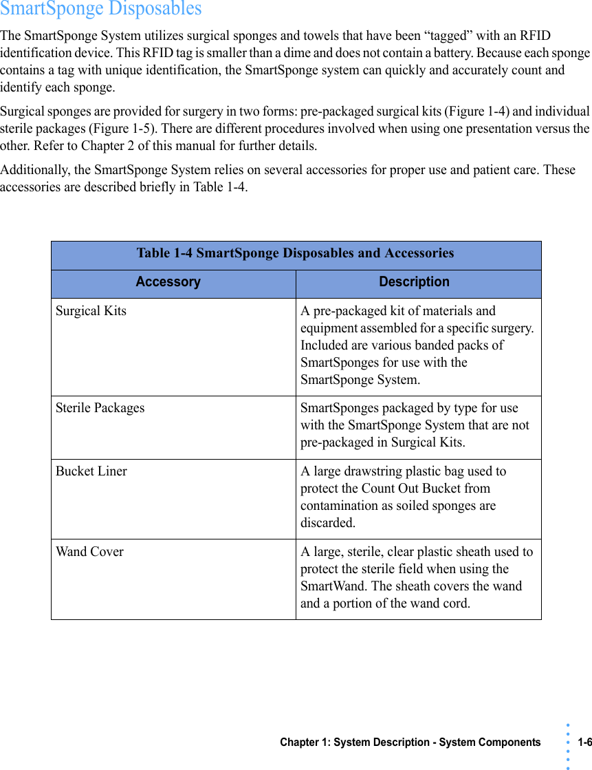 Chapter 1: System Description - System Components 1-6• • • •••SmartSponge Disposables The SmartSponge System utilizes surgical sponges and towels that have been “tagged” with an RFID identification device. This RFID tag is smaller than a dime and does not contain a battery. Because each sponge contains a tag with unique identification, the SmartSponge system can quickly and accurately count and identify each sponge.Surgical sponges are provided for surgery in two forms: pre-packaged surgical kits (Figure 1-4) and individual sterile packages (Figure 1-5). There are different procedures involved when using one presentation versus the other. Refer to Chapter 2 of this manual for further details.Additionally, the SmartSponge System relies on several accessories for proper use and patient care. These accessories are described briefly in Table 1-4. Table 1-4 SmartSponge Disposables and AccessoriesAccessory DescriptionSurgical Kits A pre-packaged kit of materials and equipment assembled for a specific surgery. Included are various banded packs of SmartSponges for use with the SmartSponge System.Sterile Packages SmartSponges packaged by type for use with the SmartSponge System that are not pre-packaged in Surgical Kits.Bucket Liner A large drawstring plastic bag used to protect the Count Out Bucket from contamination as soiled sponges are discarded.Wand Cover A large, sterile, clear plastic sheath used to protect the sterile field when using the SmartWand. The sheath covers the wand and a portion of the wand cord.