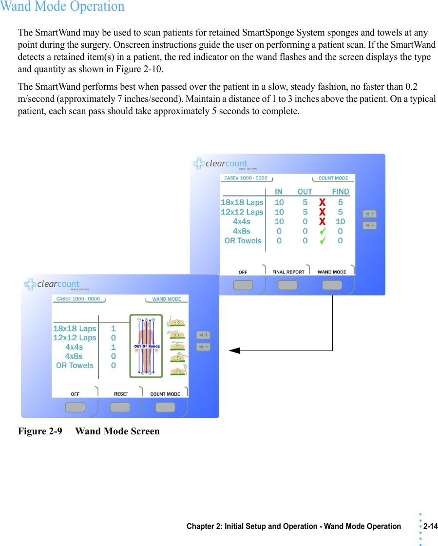 Chapter 2: Initial Setup and Operation - Wand Mode Operation 2-14 • • • •••Wand Mode OperationThe SmartWand may be used to scan patients for retained SmartSponge System sponges and towels at any point during the surgery. Onscreen instructions guide the user on performing a patient scan. If the SmartWand detects a retained item(s) in a patient, the red indicator on the wand flashes and the screen displays the type and quantity as shown in Figure 2-10.The SmartWand performs best when passed over the patient in a slow, steady fashion, no faster than 0.2 m/second (approximately 7 inches/second). Maintain a distance of 1 to 3 inches above the patient. On a typical patient, each scan pass should take approximately 5 seconds to complete.Figure 2-9     Wand Mode Screen
