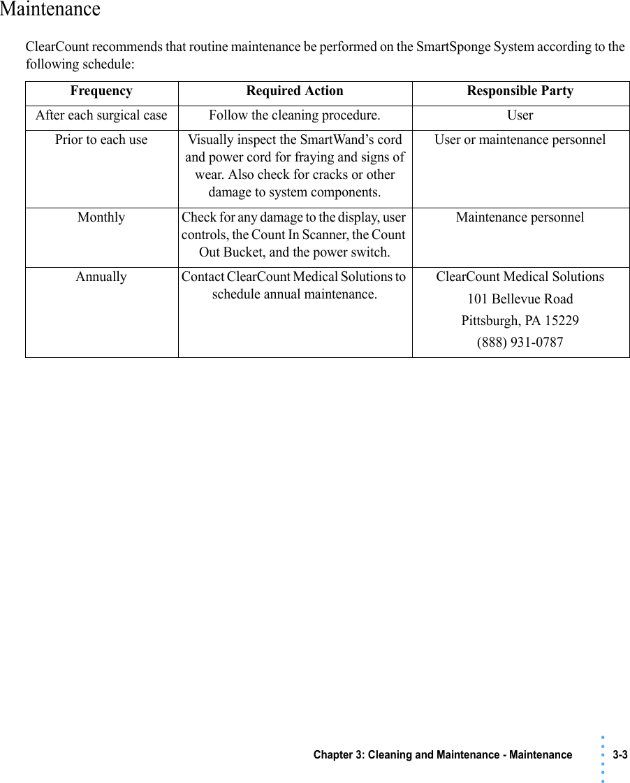 Chapter 3: Cleaning and Maintenance - Maintenance  3-3 • • • •••Maintenance ClearCount recommends that routine maintenance be performed on the SmartSponge System according to the following schedule: Frequency Required Action Responsible PartyAfter each surgical case Follow the cleaning procedure. UserPrior to each use Visually inspect the SmartWand’s cord and power cord for fraying and signs of wear. Also check for cracks or other damage to system components.User or maintenance personnelMonthly Check for any damage to the display, user controls, the Count In Scanner, the Count Out Bucket, and the power switch.Maintenance personnelAnnually Contact ClearCount Medical Solutions to schedule annual maintenance.ClearCount Medical Solutions101 Bellevue RoadPittsburgh, PA 15229(888) 931-0787