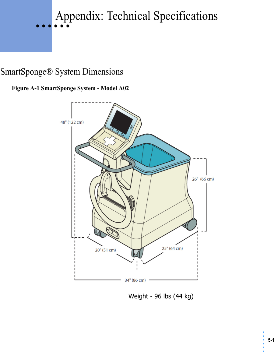 5-1 • • • •••• • • • • • Appendix: Technical SpecificationsSmartSponge® System DimensionsFigure A-1 SmartSponge System - Model A02 Weight - 96 lbs (44 kg)