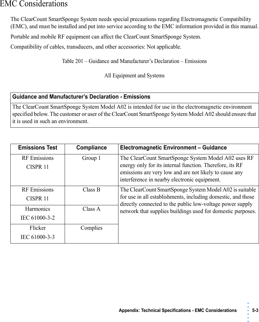 Appendix: Technical Specifications - EMC Considerations 5-3 • • • •••EMC Considerations The ClearCount SmartSponge System needs special precautions regarding Electromagnetic Compatibility (EMC), and must be installed and put into service according to the EMC information provided in this manual.Portable and mobile RF equipment can affect the ClearCount SmartSponge System. Compatibility of cables, transducers, and other accessories: Not applicable.Table 201 – Guidance and Manufacturer’s Declaration – EmissionsAll Equipment and SystemsGuidance and Manufacturer’s Declaration - EmissionsThe ClearCount SmartSponge System Model A02 is intended for use in the electromagnetic environment specified below. The customer or user of the ClearCount SmartSponge System Model A02 should ensure that it is used in such an environment.Emissions Test Compliance Electromagnetic Environment – GuidanceRF EmissionsCISPR 11Group 1 The ClearCount SmartSponge System Model A02 uses RF energy only for its internal function. Therefore, its RF emissions are very low and are not likely to cause any interference in nearby electronic equipment.RF EmissionsCISPR 11Class B The ClearCount SmartSponge System Model A02 is suitable for use in all establishments, including domestic, and those directly connected to the public low-voltage power supply network that supplies buildings used for domestic purposes.HarmonicsIEC 61000-3-2Class AFlickerIEC 61000-3-3Complies