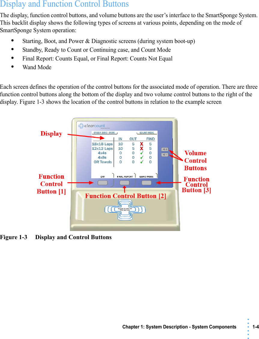 Chapter 1: System Description - System Components 1-4• • • •••Display and Function Control ButtonsThe display, function control buttons, and volume buttons are the user’s interface to the SmartSponge System. This backlit display shows the following types of screens at various points, depending on the mode of SmartSponge System operation:•Starting, Boot, and Power &amp; Diagnostic screens (during system boot-up)•Standby, Ready to Count or Continuing case, and Count Mode•Final Report: Counts Equal, or Final Report: Counts Not Equal•Wand ModeEach screen defines the operation of the control buttons for the associated mode of operation. There are three function control buttons along the bottom of the display and two volume control buttons to the right of the display. Figure 1-3 shows the location of the control buttons in relation to the example screenFigure 1-3     Display and Control Buttons