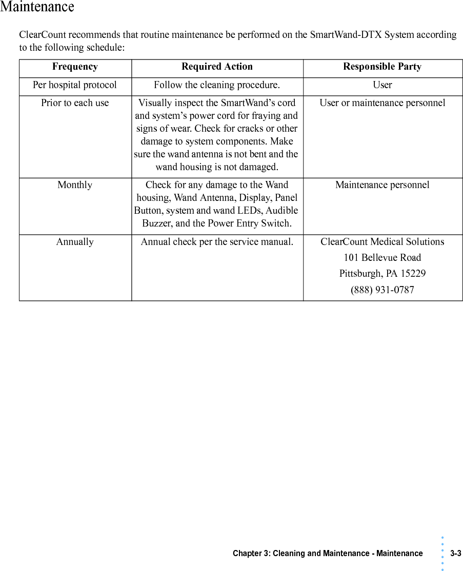 Chapter 3: Cleaning and Maintenance - Maintenance 3-3• • • •••MaintenanceClearCount recommends that routine maintenance be performed on the SmartWand-DTX System according to the following schedule: Frequency Required Action Responsible PartyPer hospital protocol Follow the cleaning procedure. UserPrior to each use Visually inspect the SmartWand’s cord and system’s power cord for fraying and signs of wear. Check for cracks or other damage to system components. Make sure the wand antenna is not bent and the wand housing is not damaged.User or maintenance personnelMonthly Check for any damage to the Wand housing, Wand Antenna, Display, Panel Button, system and wand LEDs, Audible Buzzer, and the Power Entry Switch.Maintenance personnelAnnually Annual check per the service manual. ClearCount Medical Solutions101 Bellevue RoadPittsburgh, PA 15229(888) 931-0787