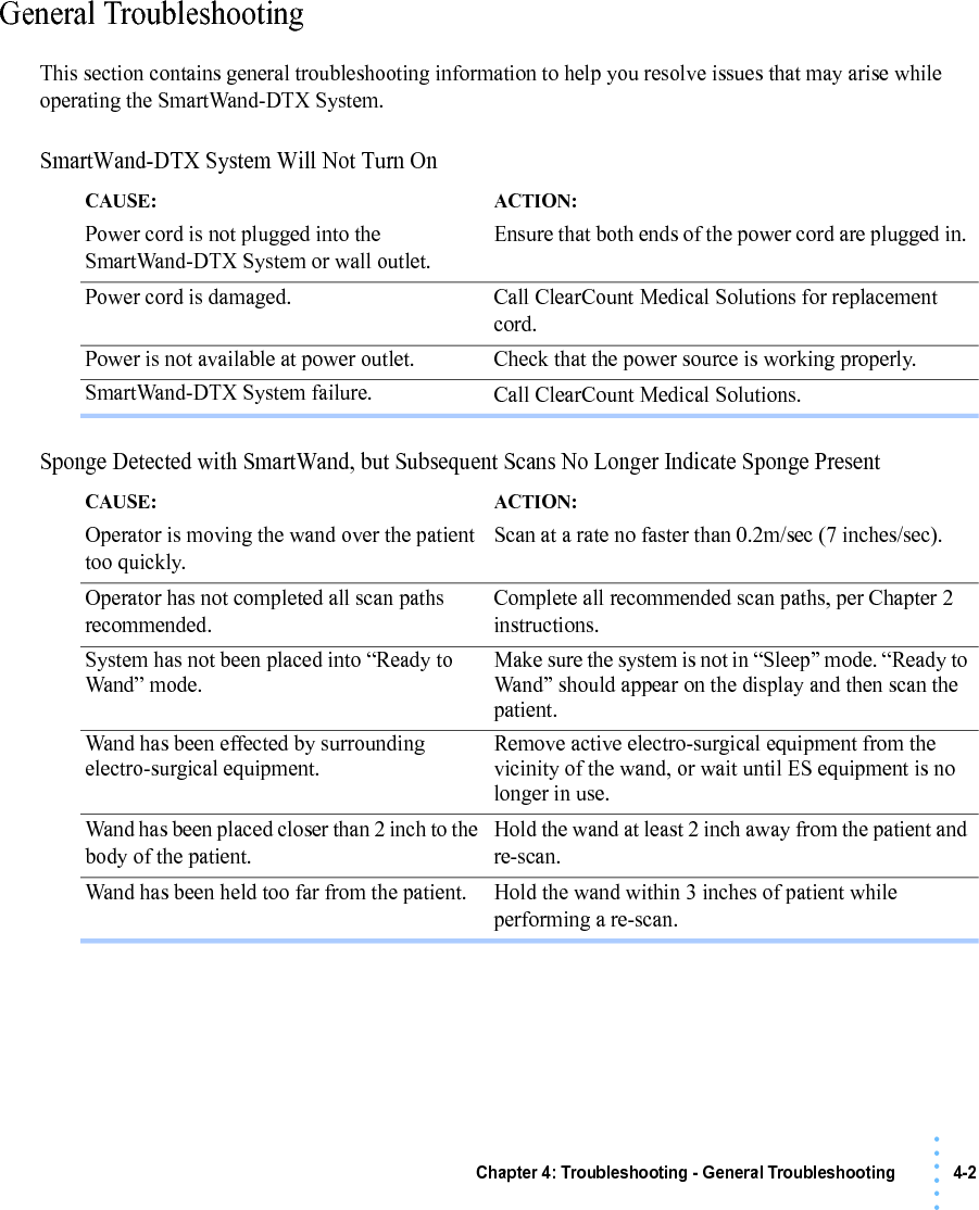 Chapter 4: Troubleshooting - General Troubleshooting 4-2• • • •••General TroubleshootingThis section contains general troubleshooting information to help you resolve issues that may arise while operating the SmartWand-DTX System.SmartWand-DTX System Will Not Turn On Sponge Detected with SmartWand, but Subsequent Scans No Longer Indicate Sponge PresentCAUSE: Power cord is not plugged into the SmartWand-DTX System or wall outlet.ACTION: Ensure that both ends of the power cord are plugged in. Power cord is damaged. Call ClearCount Medical Solutions for replacement cord.Power is not available at power outlet. Check that the power source is working properly.SmartWand-DTX System failure. Call ClearCount Medical Solutions.CAUSE: Operator is moving the wand over the patient too quickly.ACTION: Scan at a rate no faster than 0.2m/sec (7 inches/sec).Operator has not completed all scan paths recommended.Complete all recommended scan paths, per Chapter 2 instructions.System has not been placed into “Ready to Wand” mode.Make sure the system is not in “Sleep” mode. “Ready to Wand” should appear on the display and then scan the patient.Wand has been effected by surrounding electro-surgical equipment.Remove active electro-surgical equipment from the vicinity of the wand, or wait until ES equipment is no longer in use.Wand has been placed closer than 2 inch to the body of the patient.Hold the wand at least 2 inch away from the patient and re-scan.Wand has been held too far from the patient. Hold the wand within 3 inches of patient while performing a re-scan.