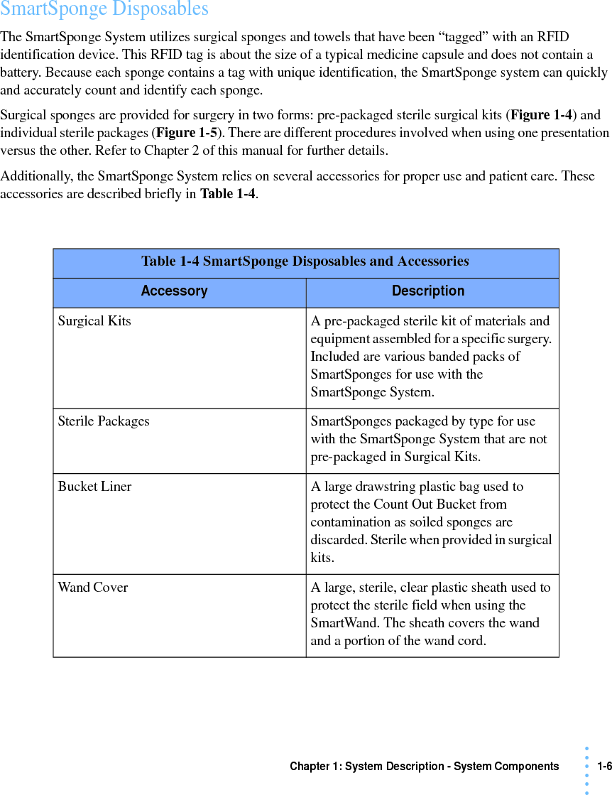 Chapter 1: System Description - System Components 1-6• • • •••SmartSponge Disposables The SmartSponge System utilizes surgical sponges and towels that have been “tagged” with an RFID identification device. This RFID tag is about the size of a typical medicine capsule and does not contain a battery. Because each sponge contains a tag with unique identification, the SmartSponge system can quickly and accurately count and identify each sponge.Surgical sponges are provided for surgery in two forms: pre-packaged sterile surgical kits (Figure 1-4) and individual sterile packages (Figure 1-5). There are different procedures involved when using one presentation versus the other. Refer to Chapter 2 of this manual for further details.Additionally, the SmartSponge System relies on several accessories for proper use and patient care. These accessories are described briefly in Table 1-4. Table 1-4 SmartSponge Disposables and AccessoriesAccessory DescriptionSurgical Kits A pre-packaged sterile kit of materials and equipment assembled for a specific surgery. Included are various banded packs of SmartSponges for use with the SmartSponge System.Sterile Packages SmartSponges packaged by type for use with the SmartSponge System that are not pre-packaged in Surgical Kits.Bucket Liner A large drawstring plastic bag used to protect the Count Out Bucket from contamination as soiled sponges are discarded. Sterile when provided in surgical kits.Wand Cover A large, sterile, clear plastic sheath used to protect the sterile field when using the SmartWand. The sheath covers the wand and a portion of the wand cord.