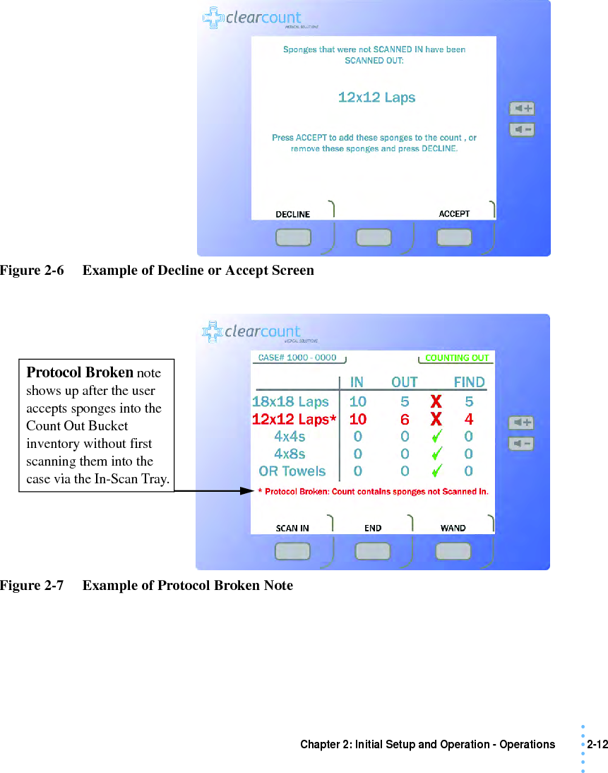 Chapter 2: Initial Setup and Operation - Operations 2-12 • • • •••Figure 2-6     Example of Decline or Accept ScreenFigure 2-7     Example of Protocol Broken NoteProtocol Broken note shows up after the user accepts sponges into the Count Out Bucket inventory without first scanning them into the case via the In-Scan Tray.