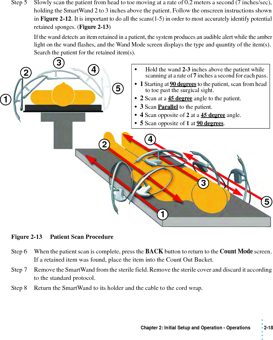 Chapter 2: Initial Setup and Operation - Operations 2-18 • • • •••Step 5 Slowly scan the patient from head to toe moving at a rate of 0.2 meters a second (7 inches/sec), holding the SmartWand 2 to 3 inches above the patient. Follow the onscreen instructions shown in Figure 2-12. It is important to do all the scans(1-5) in order to most accurately identify potential retained sponges. (Figure 2-13)If the wand detects an item retained in a patient, the system produces an audible alert while the amber light on the wand flashes, and the Wand Mode screen displays the type and quantity of the item(s). Search the patient for the retained item(s). Figure 2-13     Patient Scan ProcedureStep 6 When the patient scan is complete, press the BACK button to return to the Count Mode screen. If a retained item was found, place the item into the Count Out Bucket.Step 7 Remove the SmartWand from the sterile field. Remove the sterile cover and discard it according to the standard protocol. Step 8 Return the SmartWand to its holder and the cable to the cord wrap.1225433541•Hold the wand 2-3 inches above the patient while scanning at a rate of 7 inches a second for each pass.•1 Starting at 90 degrees to the patient, scan from head to toe past the surgical sight. •2 Scan at a 45 degree angle to the patient.•3 Scan Parallel to the patient.•4 Scan opposite of 2 at a 45 degree angle.•5 Scan opposite of 1 at 90 degrees.