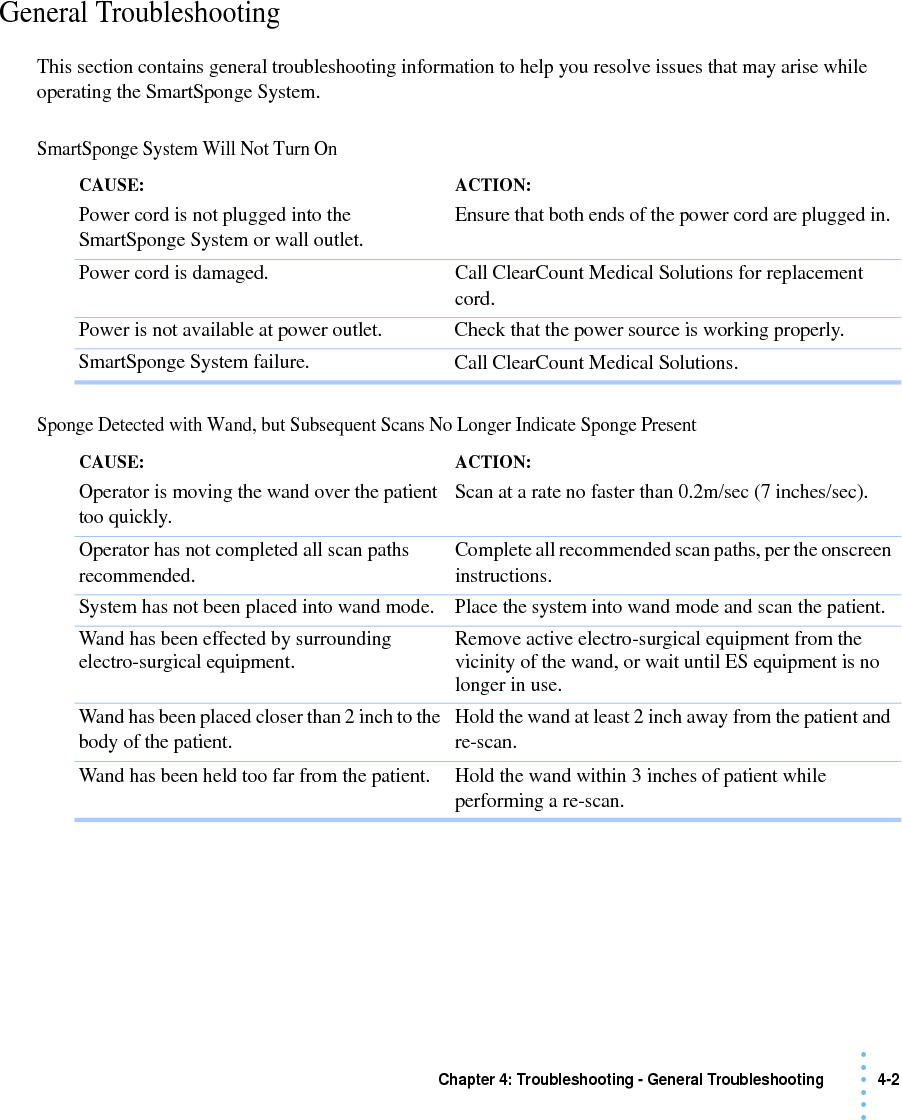 Chapter 4: Troubleshooting - General Troubleshooting 4-2 • • • •••General TroubleshootingThis section contains general troubleshooting information to help you resolve issues that may arise while operating the SmartSponge System.SmartSponge System Will Not Turn On Sponge Detected with Wand, but Subsequent Scans No Longer Indicate Sponge PresentCAUSE: Power cord is not plugged into the SmartSponge System or wall outlet.ACTION: Ensure that both ends of the power cord are plugged in. Power cord is damaged. Call ClearCount Medical Solutions for replacement cord.Power is not available at power outlet. Check that the power source is working properly.SmartSponge System failure. Call ClearCount Medical Solutions.CAUSE: Operator is moving the wand over the patient too quickly.ACTION: Scan at a rate no faster than 0.2m/sec (7 inches/sec).Operator has not completed all scan paths recommended. Complete all recommended scan paths, per the onscreen instructions.System has not been placed into wand mode. Place the system into wand mode and scan the patient.Wand has been effected by surrounding electro-surgical equipment. Remove active electro-surgical equipment from the vicinity of the wand, or wait until ES equipment is no longer in use.Wand has been placed closer than 2 inch to the body of the patient. Hold the wand at least 2 inch away from the patient and re-scan.Wand has been held too far from the patient. Hold the wand within 3 inches of patient while performing a re-scan.