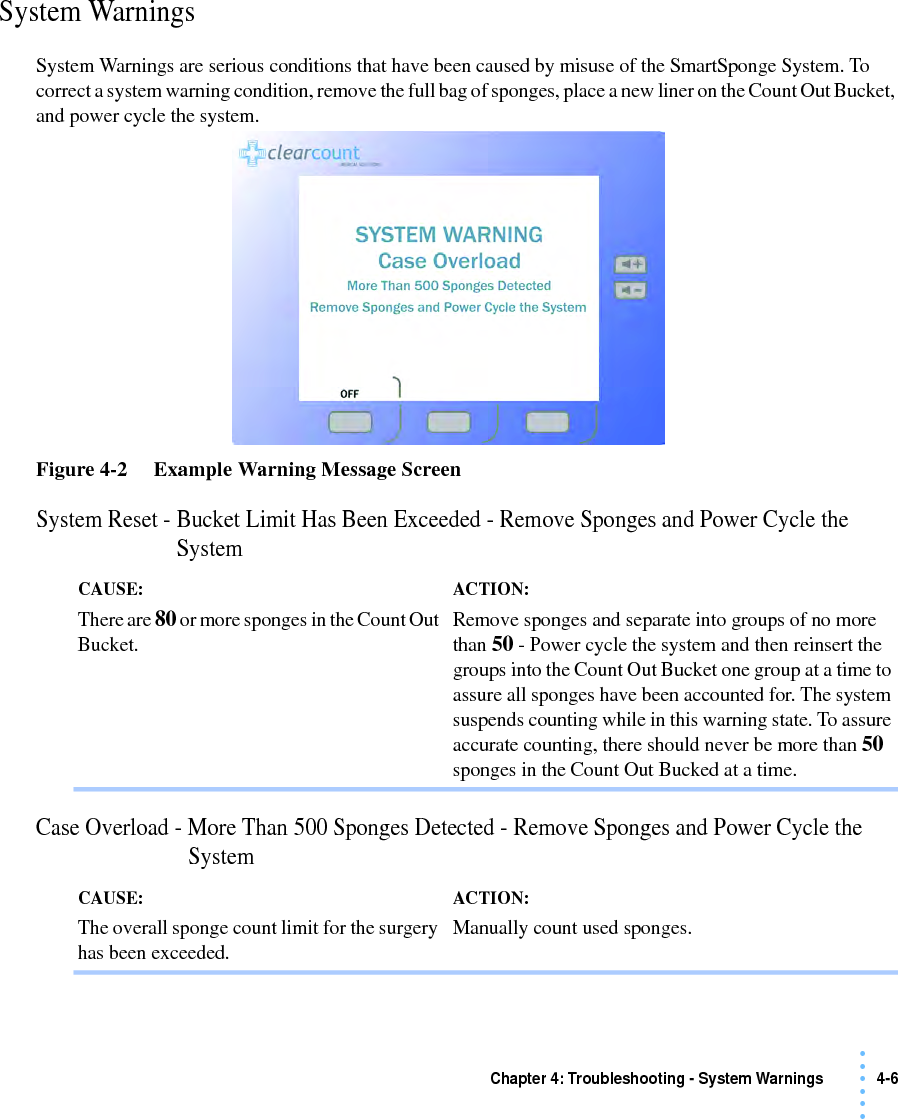 Chapter 4: Troubleshooting - System Warnings 4-6 • • • •••System WarningsSystem Warnings are serious conditions that have been caused by misuse of the SmartSponge System. To correct a system warning condition, remove the full bag of sponges, place a new liner on the Count Out Bucket, and power cycle the system. Figure 4-2     Example Warning Message ScreenSystem Reset - Bucket Limit Has Been Exceeded - Remove Sponges and Power Cycle the SystemCase Overload - More Than 500 Sponges Detected - Remove Sponges and Power Cycle the SystemCAUSE: There are 80 or more sponges in the Count Out Bucket. ACTION: Remove sponges and separate into groups of no more than 50 - Power cycle the system and then reinsert the groups into the Count Out Bucket one group at a time to assure all sponges have been accounted for. The system suspends counting while in this warning state. To assure accurate counting, there should never be more than 50 sponges in the Count Out Bucked at a time.CAUSE: The overall sponge count limit for the surgery has been exceeded. ACTION: Manually count used sponges. 