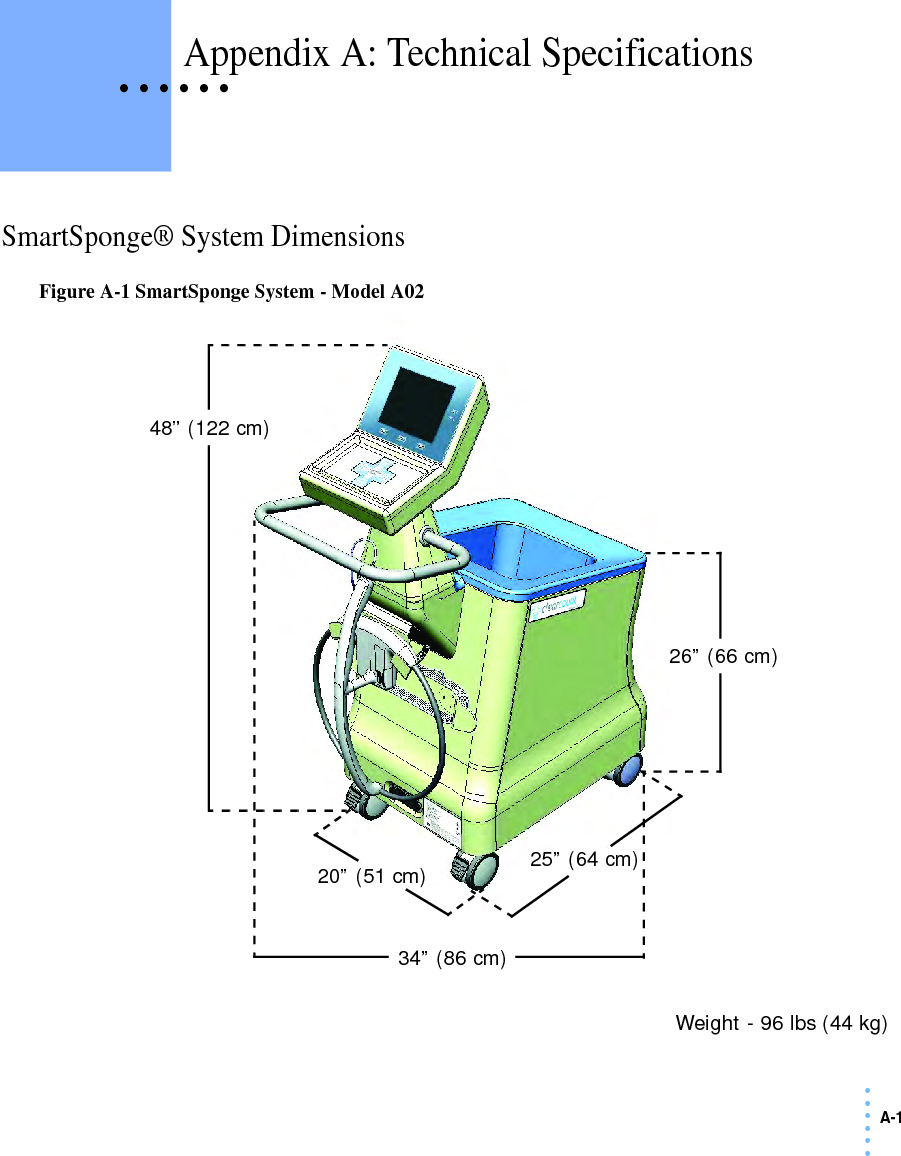 A-1• • • •••• • • • • • Appendix A: Technical SpecificationsSmartSponge® System DimensionsFigure A-1 SmartSponge System - Model A02 Weight - 96 lbs (44 kg)48” (122 cm)26” (66 cm)34” (86 cm)20” (51 cm) 25” (64 cm)