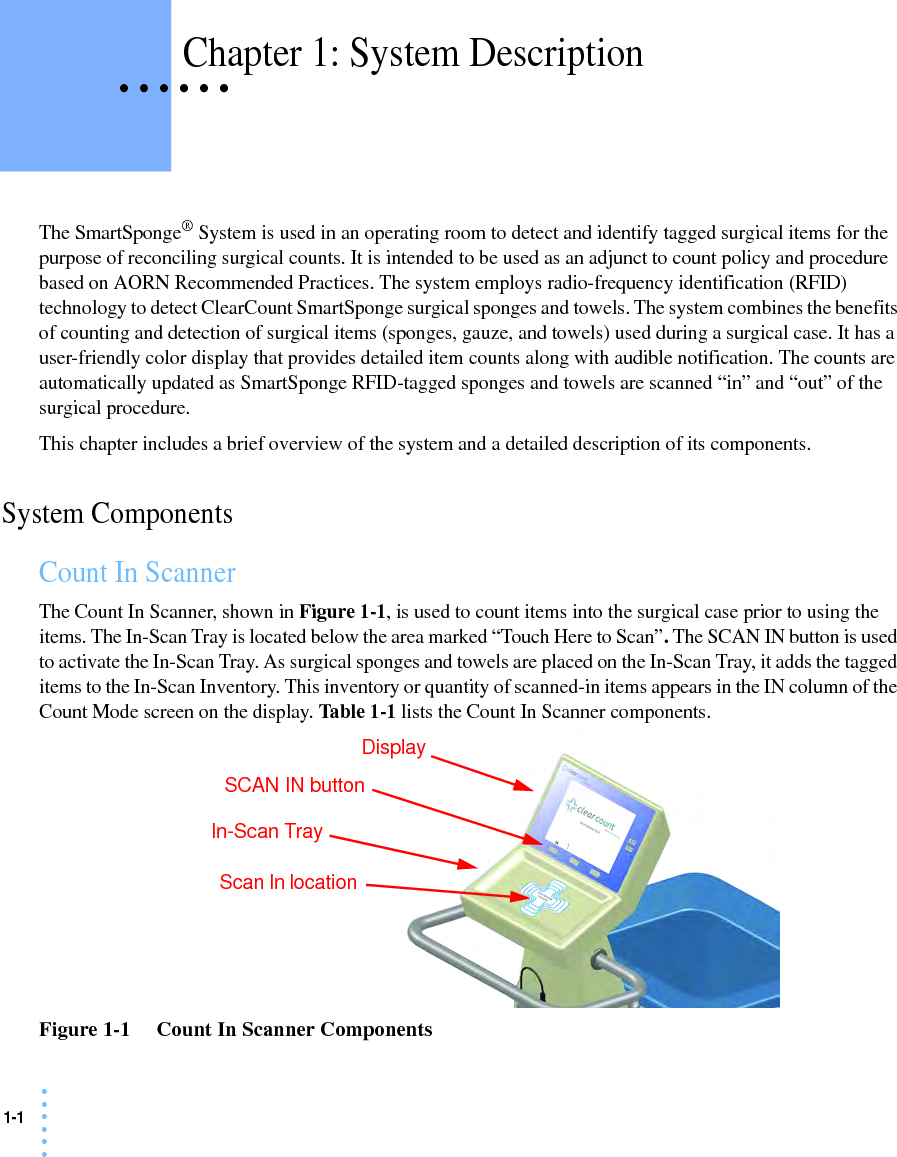 1-1 • • • •••• • • • • • Chapter 1: System DescriptionThe SmartSponge® System is used in an operating room to detect and identify tagged surgical items for the purpose of reconciling surgical counts. It is intended to be used as an adjunct to count policy and procedure based on AORN Recommended Practices. The system employs radio-frequency identification (RFID) technology to detect ClearCount SmartSponge surgical sponges and towels. The system combines the benefits of counting and detection of surgical items (sponges, gauze, and towels) used during a surgical case. It has a user-friendly color display that provides detailed item counts along with audible notification. The counts are automatically updated as SmartSponge RFID-tagged sponges and towels are scanned “in” and “out” of the surgical procedure. This chapter includes a brief overview of the system and a detailed description of its components.System ComponentsCount In ScannerThe Count In Scanner, shown in Figure 1-1, is used to count items into the surgical case prior to using the items. The In-Scan Tray is located below the area marked “Touch Here to Scan”. The SCAN IN button is used to activate the In-Scan Tray. As surgical sponges and towels are placed on the In-Scan Tray, it adds the tagged items to the In-Scan Inventory. This inventory or quantity of scanned-in items appears in the IN column of the Count Mode screen on the display. Table 1-1 lists the Count In Scanner components.Figure 1-1     Count In Scanner ComponentsDisplayIn-Scan Tray Scan In locationSCAN IN button