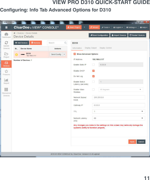 11Configuring: Info Tab Advanced Options for D310VIEW PRO D310 QUICK-START GUIDE