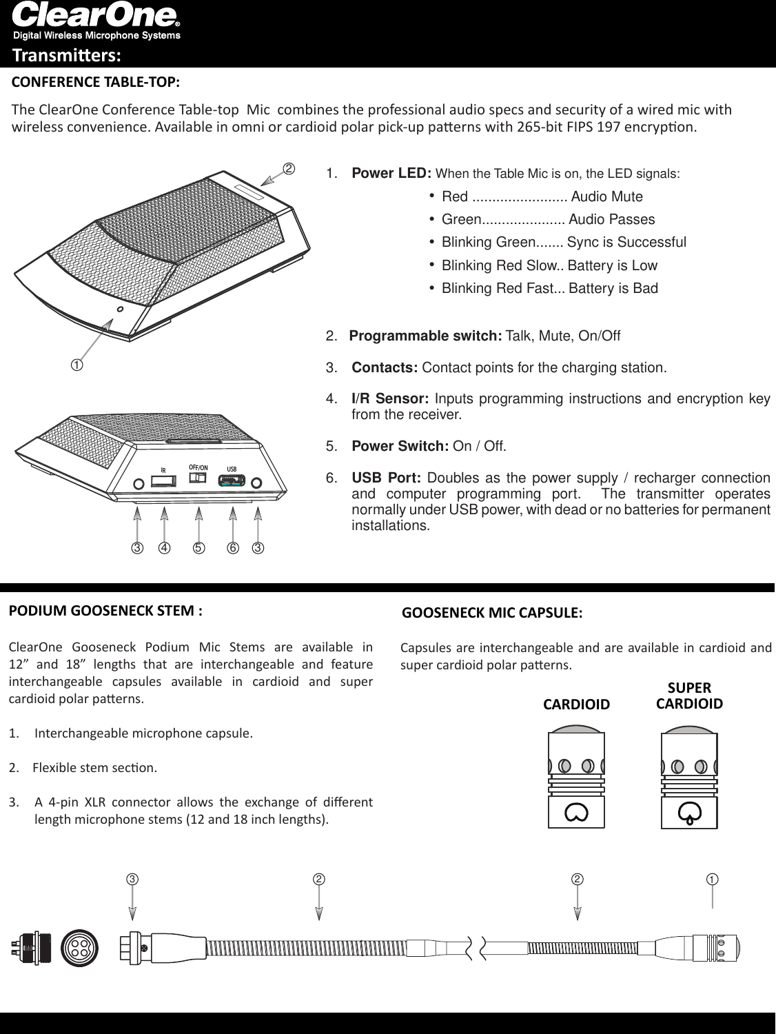 Digital Wireless Microphone SystemsTransmiers:OFF/ONIR USB654313The ClearOne Conference Table-top  Mic  combines the professional audio specs and security of a wired mic with wireless convenience. Available in omni or cardioid polar pick-up paerns with 265-bit FIPS 197 encrypon.ClearOne  Gooseneck  Podium  Mic  Stems  are  available  in 12”  and  18”  lengths  that  are  interchangeable  and  feature interchangeable  capsules  available  in  cardioid  and  super cardioid polar paerns.1.  Interchangeable microphone capsule.2.    Flexible stem secon.3.  A  4-pin  XLR  connector  allows  the  exchange  of  dierent length microphone stems (12 and 18 inch lengths).2213CONFERENCE TABLE-TOP:PODIUM GOOSENECK STEM :Capsules are interchangeable and are available in  cardioid and super cardioid polar paerns.GOOSENECK MIC CAPSULE:CARDIOIDSUPERCARDIOID21.  Power LED: When the Table Mic is on, the LED signals:      l Red ........................ Audio Mute       l Green..................... Audio Passes    l Blinking Green....... Sync is Successful       l Blinking Red Slow.. Battery is Low    l Blinking Red Fast... Battery is Bad2.   Programmable switch: Talk, Mute, On/Off3.  Contacts: Contact points for the charging station.4.  I/R Sensor: Inputs programming instructions and encryption key from the receiver.5.  Power Switch: On / Off.6.  USB Port: Doubles as  the power supply / recharger connection and  computer  programming  port.    The  transmitter  operates normally under USB power, with dead or no batteries for permanent installations.