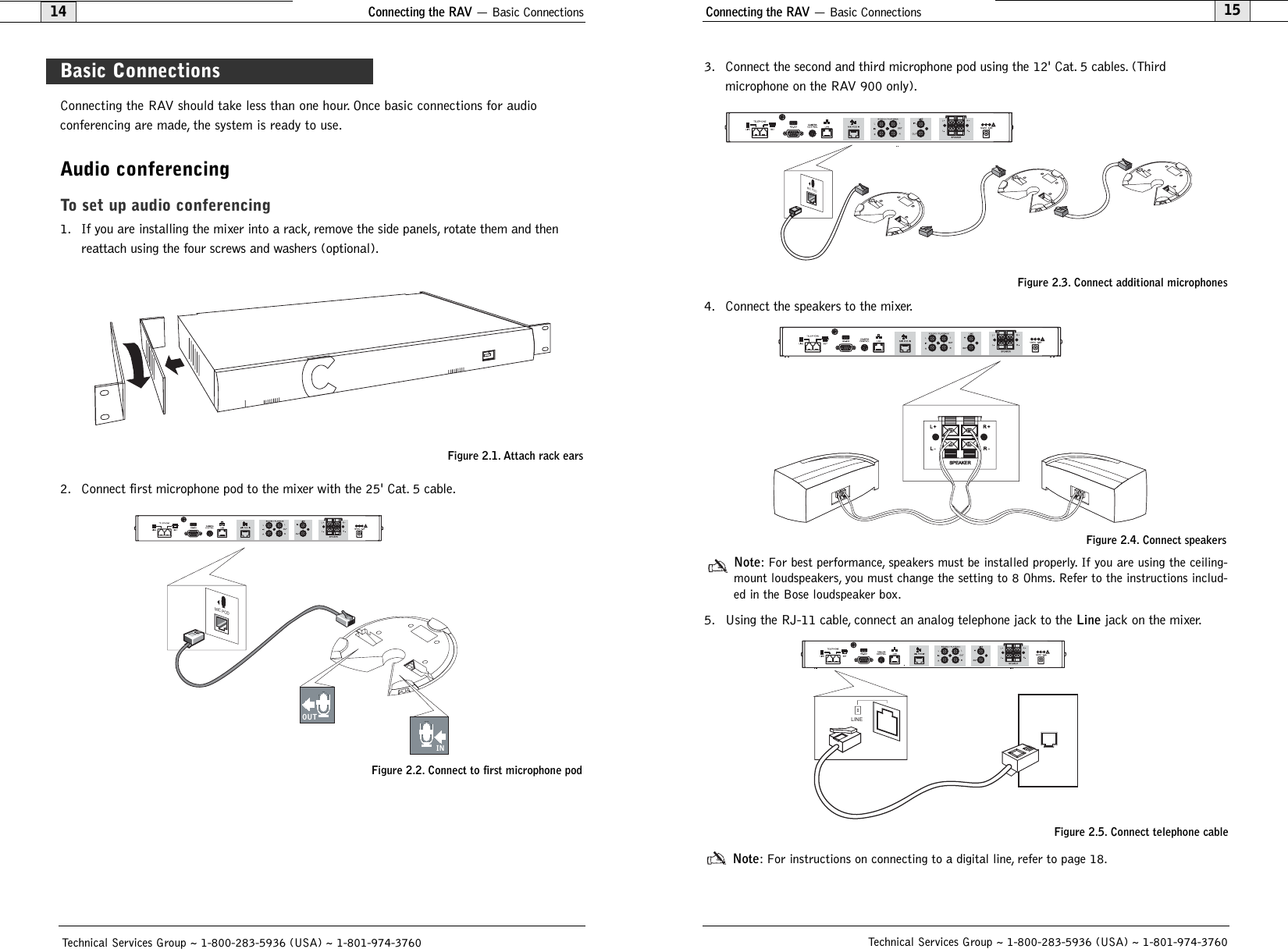 15Technical Services Group ~ 1-800-283-5936 (USA) ~ 1-801-974-3760Connecting the RAV — Basic Connections14Connecting the RAV — Basic Connections3. Connect the second and third microphone pod using the 12&apos; Cat. 5 cables. (Third microphone on the RAV 900 only).4. Connect the speakers to the mixer.Note: For best performance, speakers must be installed properly. If you are using the ceiling-mount loudspeakers, you must change the setting to 8 Ohms. Refer to the instructions includ-ed in the Bose loudspeaker box.5. Using the RJ-11 cable, connect an analog telephone jack to the Linejack on the mixer.Note: For instructions on connecting to a digital line, refer to page 18.L +L -R +R -SPEAKERFigure 2.4. Connect speakersMIC PODFigure 2.3. Connect additional microphonesLINEFigure 2.5. Connect telephone cableTechnical Services Group ~ 1-800-283-5936 (USA) ~ 1-801-974-3760Connecting the RAV should take less than one hour. Once basic connections for audio conferencing are made, the system is ready to use.Audio conferencingTo set up audio conferencing1. If you are installing the mixer into a rack, remove the side panels, rotate them and thenreattach using the four screws and washers (optional).2. Connect first microphone pod to the mixer with the 25&apos; Cat. 5 cable.MIC PODOUTINBasic ConnectionsFigure 2.2. Connect to first microphone podFigure 2.1. Attach rack ears