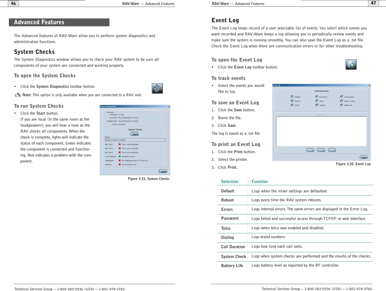 RAV-Ware — Advanced Features RAV-Ware — Advanced Features47Technical Services Group ~ 1-800-283-5936 (USA) ~ 1-801-974-376046Technical Services Group ~ 1-800-283-5936 (USA) ~ 1-801-974-3760Event LogThe Event Log keeps record of a user selectable list of events. You select which events youwant recorded and RAV-Ware keeps a log allowing you to periodically review events andmake sure the system is running smoothly. You can also save the Event Log as a .txt file.Check the Event Log when there are communication errors or for other troubleshooting.To open the Event Log• Click the Event Logtoolbar button.To track events• Select the events you wouldlike to log.To save an Event Log1. Click the Save button.2. Name the file.3. Click Save.The log is saved as a .txt file.To print an Event Log1. Click the Printbutton.2. Select the printer.3. Click Print.Figure 3.32. Event LogThe Advanced features of RAV-Ware allow you to perform system diagnostics and administrative functions.System ChecksThe System Diagnostics window allows you to check your RAV system to be sure all components of your system are connected and working properly.To open the System Checks• Click the System Diagnosticstoolbar button.Note: This option is only available when you are connected to a RAV unit.To run System Checks• Click the Startbutton.If you are local (in the same room as theloudspeakers), you will hear a tone as theRAV checks all components. When thecheck is complete, lights will indicate thestatus of each component. Green indicatesthe component is connected and function-ing. Red indicates a problem with the com-ponent.Advanced FeaturesFigure 3.31. System ChecksFunctionLogs when telco was enabled and disabled.SelectionLogs internal errors. The same errors are displayed in the Error Log.Logs how long each call lasts.Logs every time the RAV system reboots.Logs when system checks are performed and the results of the checks.Logs battery level as reported by the RF controller.Logs dialed numbers.DefaultRebootErrorsPasswordTelcoDialingCall DurationSystem CheckBattery LifeLogs when the mixer settings are defaulted.Logs failed and successful access through TCP/IP or web interface