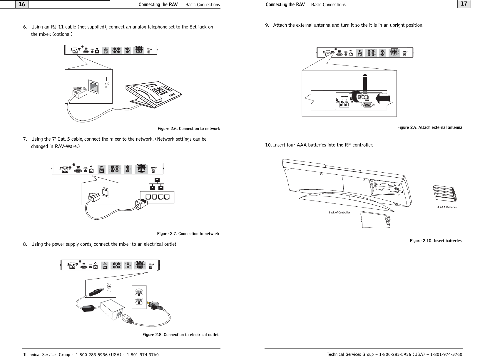 Connecting the RAV— Basic Connections17Technical Services Group ~ 1-800-283-5936 (USA) ~ 1-801-974-37609. Attach the external antenna and turn it so the it is in an upright position.10. Insert four AAA batteries into the RF controller.Figure 2.9. Attach external antennaTELEPHONELINERS-232SET16Connecting the RAV — Basic ConnectionsTechnical Services Group ~ 1-800-283-5936 (USA) ~ 1-801-974-37606. Using an RJ-11 cable (not supplied), connect an analog telephone set to the Setjack onthe mixer. (optional)7. Using the 7&apos; Cat. 5 cable, connect the mixer to the network. (Network settings can bechanged in RAV-Ware.)8. Using the power supply cords, connect the mixer to an electrical outlet.Figure 2.7. Connection to network Figure 2.8. Connection to electrical outletSETFigure 2.6. Connection to network 4 AAA BatteriesBack of ControllerFigure 2.10. Insert batteries