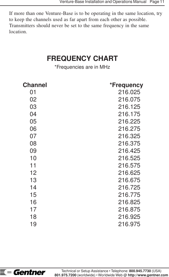 Venture-Base Installation and Operations Manual    Page 11Technical or Setup Assistance • Telephone: 800.945.7730 (USA)801.975.7200 (worldwide) • Worldwide Web @ http://www.gentner.comFREQUENCY CHART*Frequencies are in MHzChannel *Frequency01      216.02502      216.07503      216.12504      216.17505      216.22506      216.27507      216.32508      216.37509      216.42510      216.52511      216.57512      216.62513      216.67514      216.72515      216.77516      216.82517      216.87518      216.92519      216.975If more than one Venture-Base is to be operating in the same location, tryto keep the channels used as far apart from each other as possible.Transmitters should never be set to the same frequency in the samelocation.