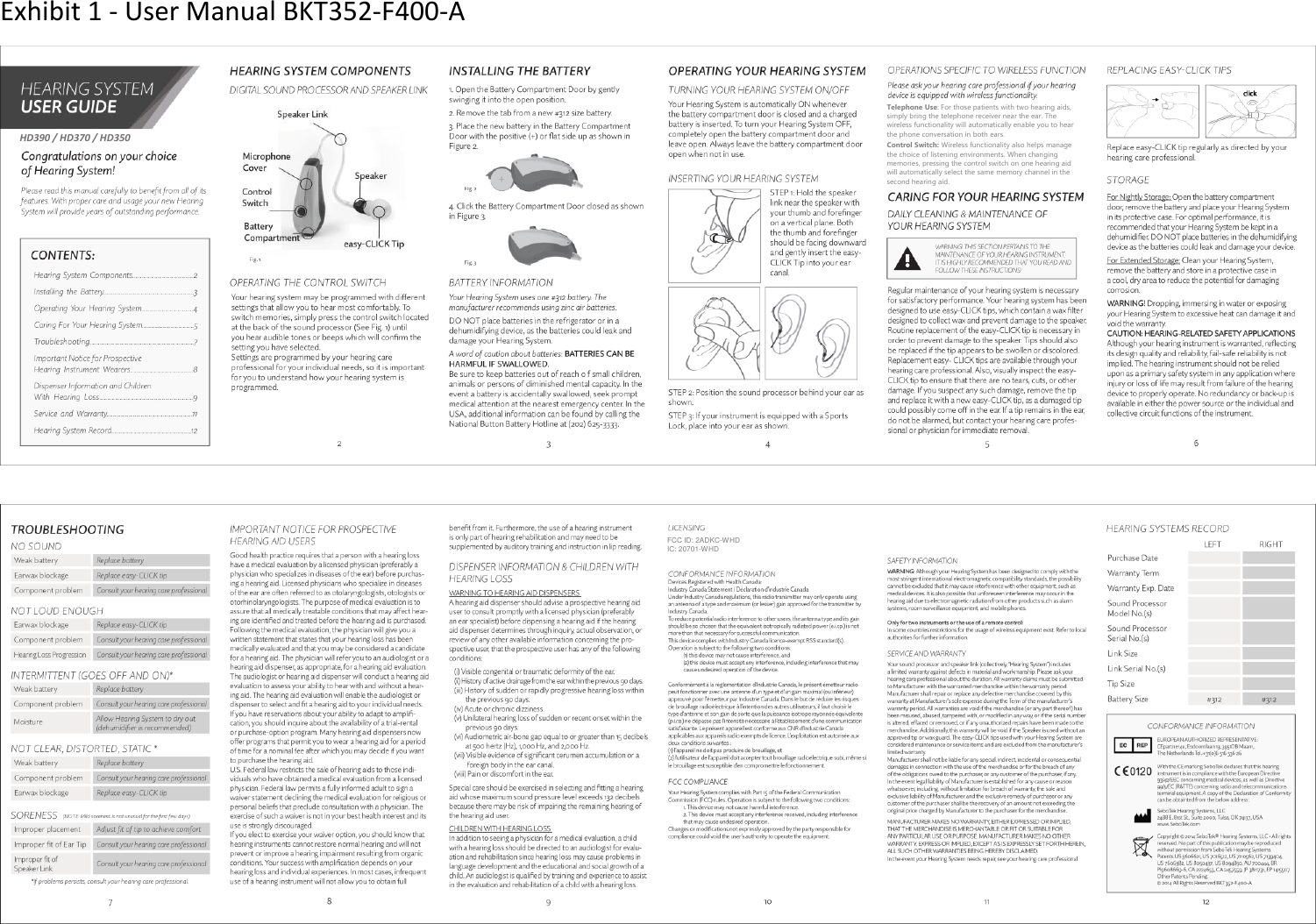 Exhibit 1 - User Manual BKT352-F400-A        FCC ID: 2ADKC-WHD IC: 20701-WHD Telephone Use: For those patients with two hearing aids, simply bring the telephone receiver near the ear. The wireless functionality will automatically enable you to hear the phone conversation in both ears.  Control Switch: Wireless functionality also helps manage the choice of listening environments. When changing memories, pressing the control switch on one hearing aid will automatically select the same memory channel in the second hearing aid.   HD390 / HD370 / HD350 