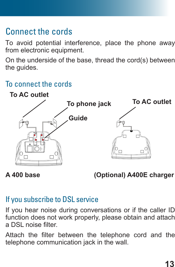 13Connect the cordsTo avoid potential interference, place the phone away . On the underside of the base, thread the cord(s) between the guides.To connect the cords                                A 400 base       (Optional) A400E chargerIf you subscribe to DSL serviceIf you hear noise during conversations or if the caller ID function does not work properly, please obtain and attach         telephone communication jack in the wall.To phone jackTo AC outletGuideTo AC outlet