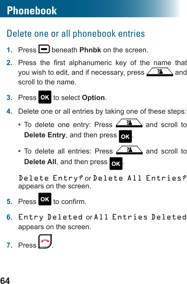 64Delete one or all phonebook entries1.  Press   beneath Phnbk on the screen.2.          you wish to edit, and if necessary, press   and scroll to the name.3.  Press   to select Option.4.  Delete one or all entries by taking one of these steps:•  To delete one entry: Press   and scroll to Delete Entry, and then press  .•  To delete all entries: Press   and scroll to Delete All, and then press  .Delete Entry? or Delete All Entries? appears on the screen.5.  Press  6.  Entry Deleted or All Entries Deleted appears on the screen.7.  Press  .Phonebook