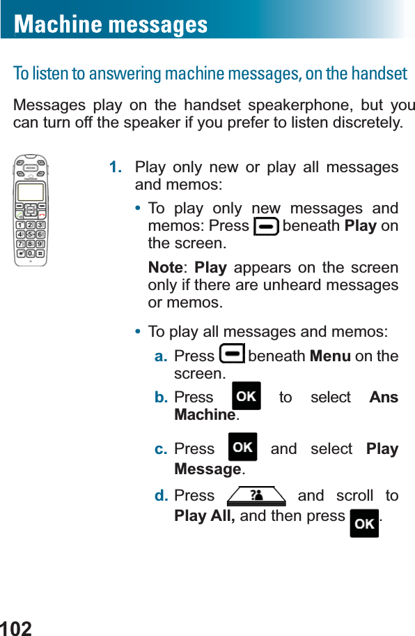 102To listen to answering machine messages, on the handsetMessages play on the handset speakerphone, but you can turn off the speaker if you prefer to listen discretely.1. Play only new or play all messages and memos:•To play only new messages and memos: Press   beneath Play on the screen.Note:Play appears on the screen only if there are unheard messages or memos. •To play all messages and memos:a. Press  beneath Menu on the screen.b. Press  to select Ans Machine.c. Press  and select PlayMessage.d. Press  and scroll to Play All, and then press  .