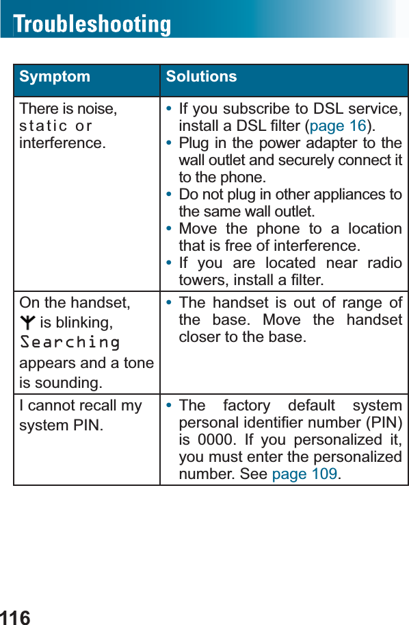 116Symptom SolutionsThere is noise, static or interference.•If you subscribe to DSL service, LQVWDOOD&apos;6/¿OWHUpage 16).•Plug in the power adapter to the wall outlet and securely connect it to the phone.•Do not plug in other appliances to the same wall outlet.•Move the phone to a location that is free of interference.•If you are located near radio WRZHUVLQVWDOOD¿OWHUOn the handset,  is blinking, Searchingappears and a tone is sounding.•The handset is out of range of the base. Move the handset closer to the base.I cannot recall my system PIN.•The factory default system SHUVRQDOLGHQWL¿HUQXPEHU3,1is 0000. If you personalized it, you must enter the personalized number. See page 109.