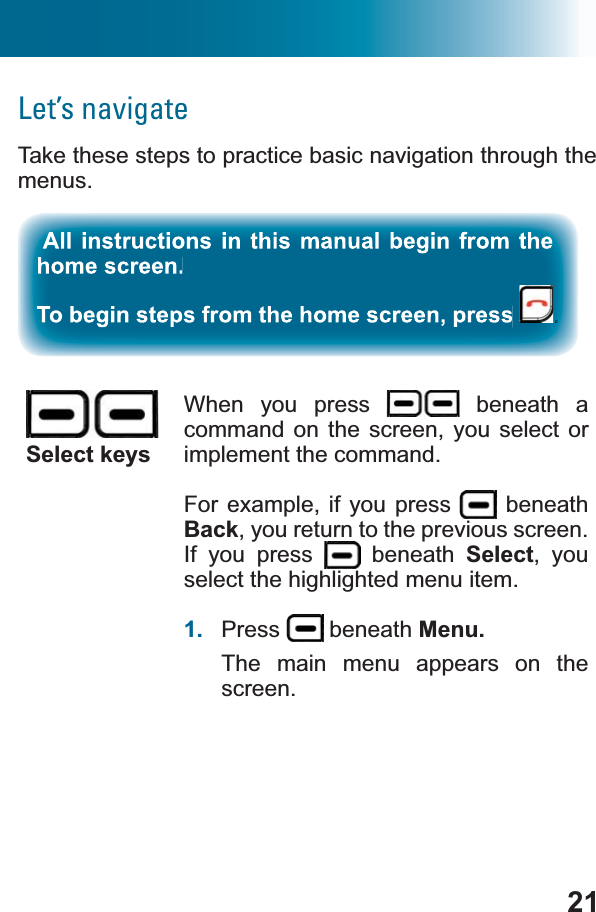 21Let’s navigateTake these steps to practice basic navigation through the menus.Select keysWhen you press   beneath a command on the screen, you select or implement the command. For example, if you press   beneath Back, you return to the previous screen. If you press   beneath Select, you select the highlighted menu item.1. Press  beneath Menu.The main menu appears on the screen.