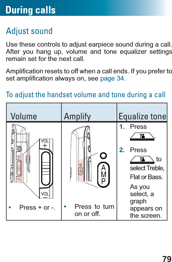 79Adjust soundUse these controls to adjust earpiece sound during a call. $IWHU \RX KDQJ XS YROXPH DQG WRQH HTXDOL]HU VHWWLQJVremain set for the next call.$PSOL¿FDWLRQUHVHWVWRRIIZKHQDFDOOHQGV,I\RXSUHIHUWRVHWDPSOL¿FDWLRQDOZD\VRQVHHpage 34.To adjust the handset volume and tone during a callVolume Amplify Equalize tone•Press + or -. •Press to turn on or off.1. Press.2. Press to select Treble, Flat or Bass.As you select, a graph appears on the screen.