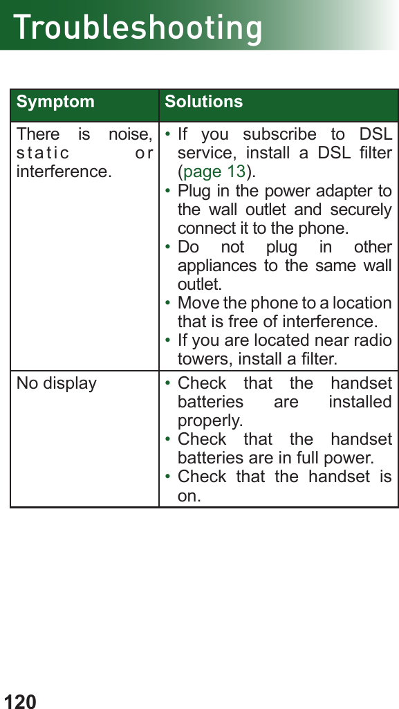 120TroubleshootingSymptom SolutionsThere is noise, static or interference.•  If you subscribe to DSL service,  install  a  DSL  lter (page 13).•  Plug in the power adapter to the wall outlet and securely connect it to the phone.•  Do not plug in other appliances to the same wall outlet.•  Move the phone to a location that is free of interference.•  If you are located near radio towers, install a lter.No display •  Check that the handset batteries are installed properly.•  Check that the handset batteries are in full power.•  Check that the handset is on.
