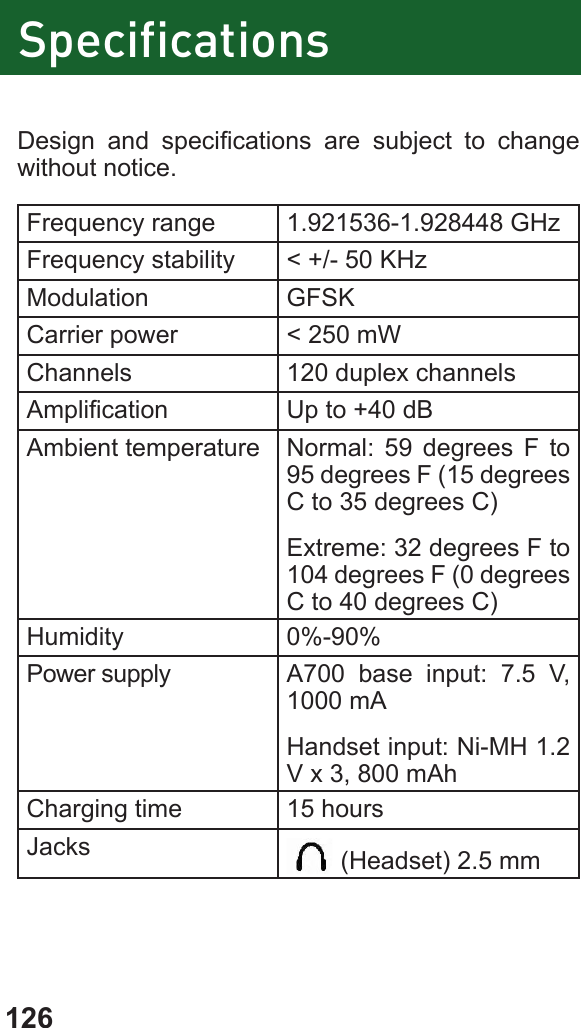 126SpecificationsDesign  and  specications  are  subject  to  change without notice.Frequency range 1.921536-1.928448 GHzFrequency stability &lt; +/- 50 KHzModulation GFSKCarrier power &lt; 250 mWChannels 120 duplex channelsAmplication Up to +40 dBAmbient temperature Normal: 59 degrees F to 95 degrees F (15 degrees C to 35 degrees C)Extreme: 32 degrees F to 104 degrees F (0 degrees C to 40 degrees C)Humidity 0%-90%Power supply A700 base input: 7.5 V, 1000 mAHandset input: Ni-MH 1.2 V x 3, 800 mAhCharging time 15 hoursJacks  (Headset) 2.5 mm