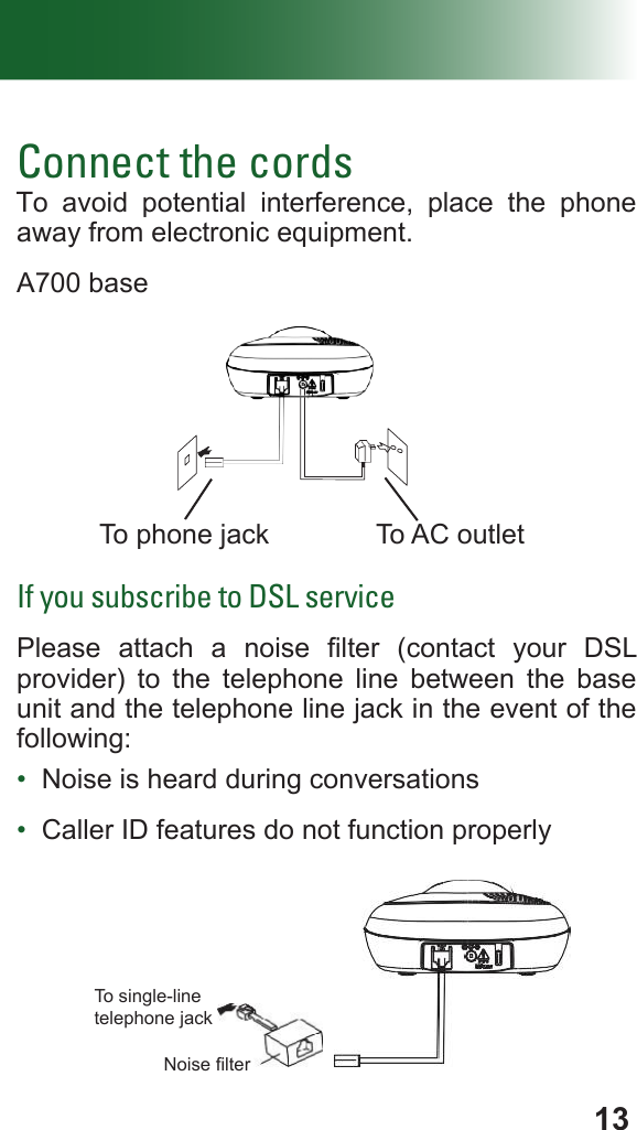 13Connect the cordsTo avoid potential interference, place the phone away from electronic equipment.A700 base                             To phone jack              To AC outletIf you subscribe to DSL servicePlease  attach  a  noise  lter  (contact  your  DSL provider) to the telephone line between the base unit and the telephone line jack in the event of the following:•  Noise is heard during conversations•  Caller ID features do not function properlyTo single-linetelephone jackNoise lter