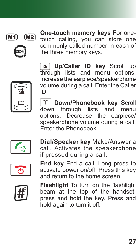 27One-touch memory keys For one-touch calling, you can store one commonly called number in each of the three memory keys.      Up/Caller ID key Scroll up through lists and menu options. Increase the earpiece/speakerphone volume during a call. Enter the Caller ID.     Down/Phonebook key Scroll down through lists and menu options. Decrease the earpiece/speakerphone volume during a call. Enter the Phonebook.Dial/Speaker key Make/Answer a call. Activates the speakerphone if pressed during a call.End key End a call. Long press to activate power on/off. Press this key and return to the home screen.Flashlight  To  turn  on  the  ashlight beam at the top of the handset, press and hold the key. Press and hold again to turn it off.