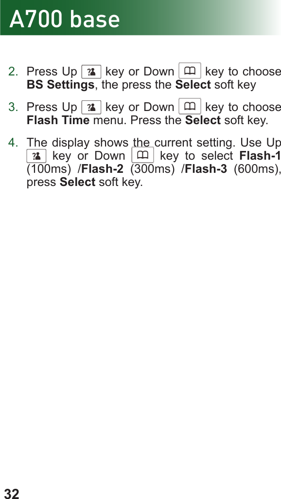 322.  Press Up      key or Down      key to choose BS Settings, the press the Select soft key3.  Press Up      key or Down      key to choose Flash Time menu. Press the Select soft key.4.  The display shows the current setting. Use Up      key or Down      key to select Flash-1 (100ms) /Flash-2 (300ms) /Flash-3 (600ms), press Select soft key.A700 base