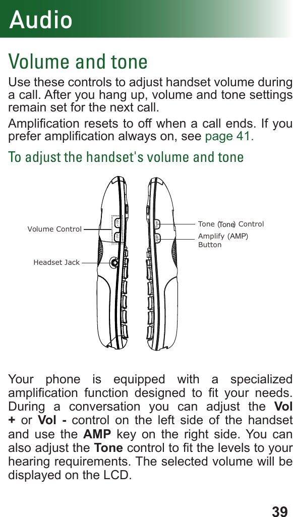 39AudioVolume and toneUse these controls to adjust handset volume during a call. After you hang up, volume and tone settings remain set for the next call.Amplication resets to off when a call ends. If you prefer amplication always on, see page 41.To adjust the handset&apos;s volume and toneYour phone is equipped with a specialized amplication  function  designed  to  t  your  needs. During a conversation you can adjust the Vol + or Vol - control on the left side of the handset and use the AMP key on the right side. You can also adjust the Tone control to t the levels to your hearing requirements. The selected volume will be displayed on the LCD.Volume ControlHeadset JackTone  Control (     )Amplify (      ) ButtonToneAMPToneAMPVol + Vol -