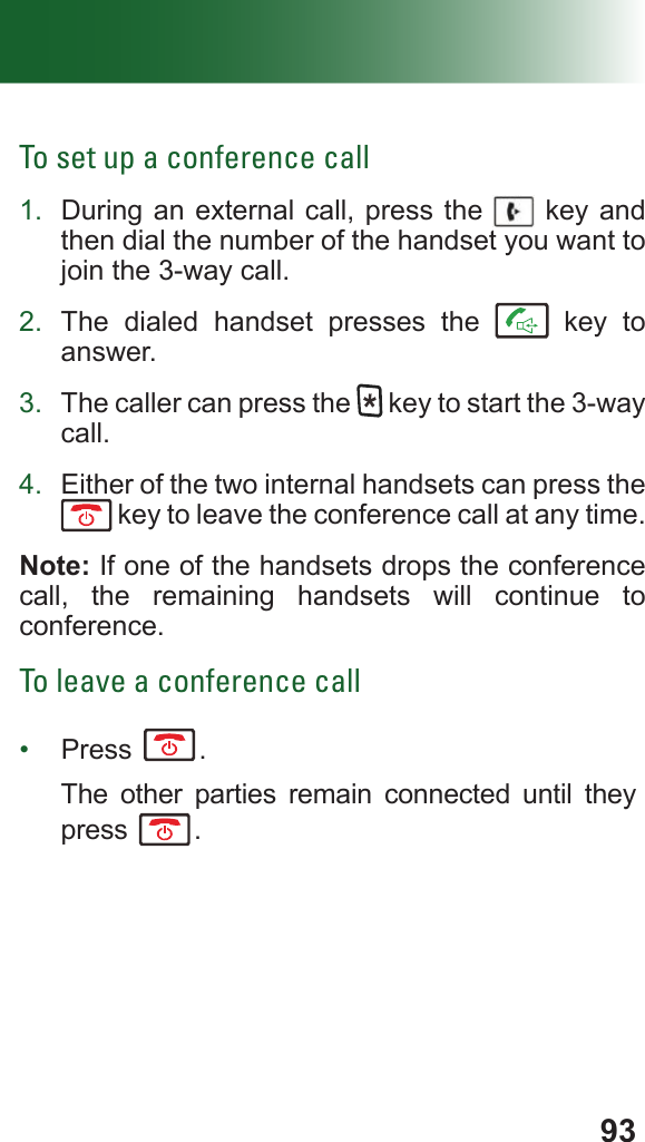 93To set up a conference call1.  During an external call, press the   key and then dial the number of the handset you want to join the 3-way call.2.  The dialed handset presses the   key to answer.3.  The caller can press the   key to start the 3-way call.4.  Either of the two internal handsets can press the key to leave the conference call at any time.Note: If one of the handsets drops the conference call, the remaining handsets will continue to conference.To leave a conference call•  Press  .The other parties remain connected until they press  .
