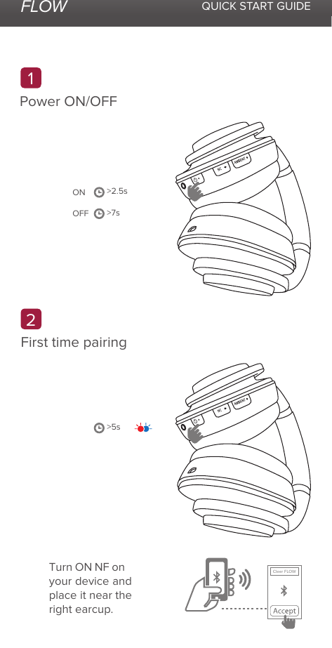 FLOW QUICK START GUIDEPower ON/OFFFirst time pairing&gt;2.5s&gt;5s&gt;7sONOFF21Turn ON NF on your device and place it near the right earcup.Cleer FLOW