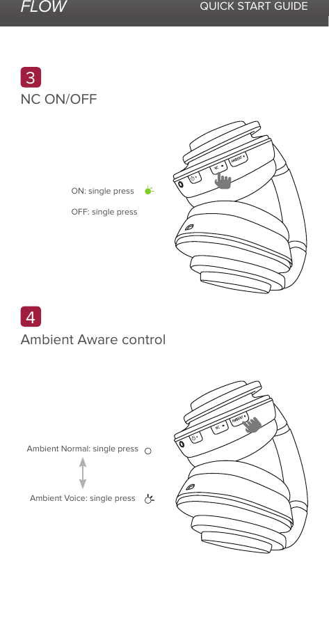 FLOW QUICK START GUIDENC ON/OFFAmbient Aware controlON: single pressOFF: single pressAmbient Normal: single pressAmbient Voice: single press43