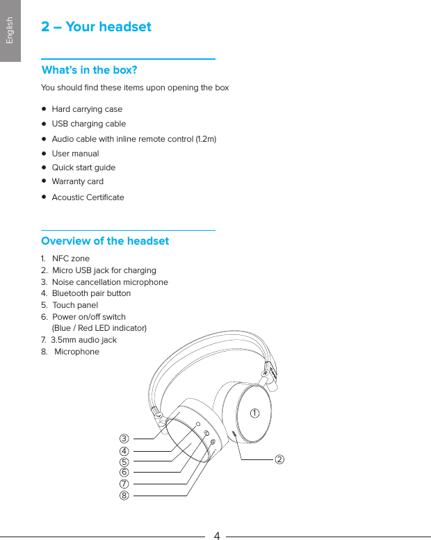 2 – Your headsetWhat’s in the box? Overview of the headsetYou should ﬁnd these items upon opening the box Hard carrying caseUSB charging cableAudio cable with inline remote control (1.2m)User manualQuick start guideWarranty cardAcoustic Certiﬁcate1.   NFC zone2.  Micro USB jack for charging3.  Noise cancellation microphone4.  Bluetooth pair button5.  Touch panel6.  Power on/o switch      (Blue / Red LED indicator)7.  3.5mm audio jack8.   Microphone412783456English
